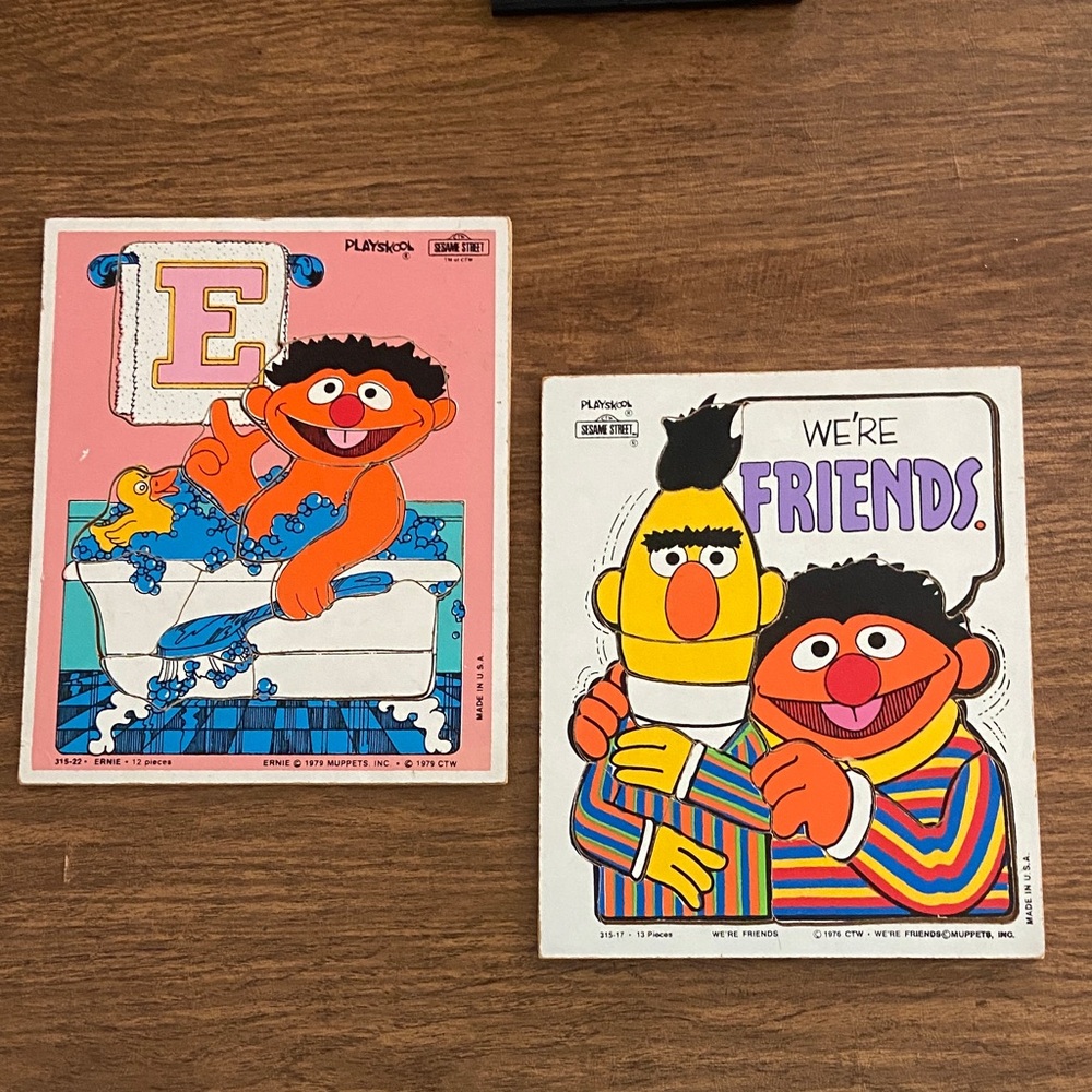 Vintage Playskool Sesame Street BERT AND ERNIE Wooden Puzzels Lot of 2